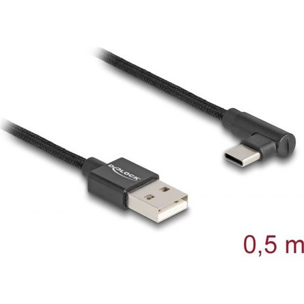 Delock USB-A 2.0 -> USB-C M/M adatkábel 0.5m fekete egyenes/90°