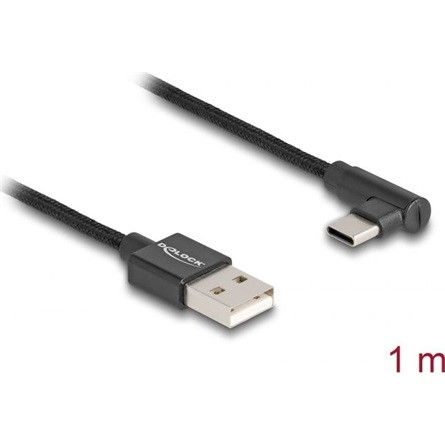 Delock USB-A 2.0 -> USB-C M/M adatkábel 1m fekete egyenes/90°