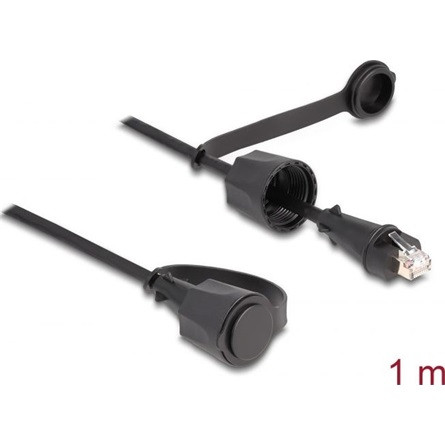Delock RJ45 CAT6 STP -> M/M adatkábel 1m fekete IP68, védőfedéllel kültéri használatra