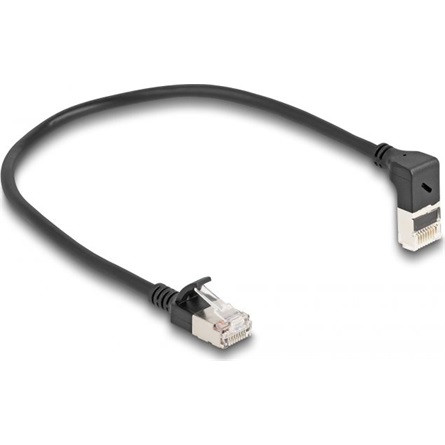 Delock RJ45 CAT6A S/FTP -> RJ45 CAT6A S/FTP M/M adatkábel 0.25m fekete slim, 90° fel/egyenes