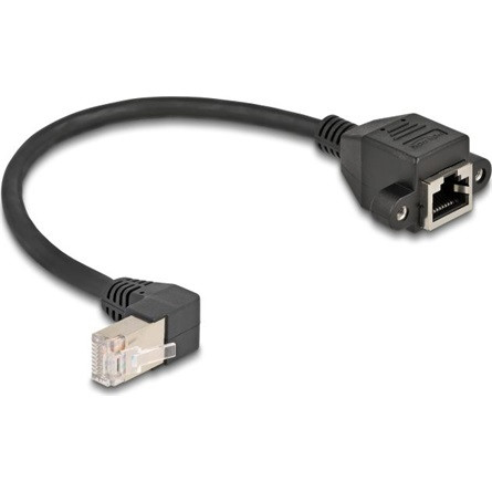 Delock RJ45 CAT6A S/FTP -> RJ45 CAT6A S/FTP M/F adatkábel 0.25m fekete 90°/beépíthetó egyenes