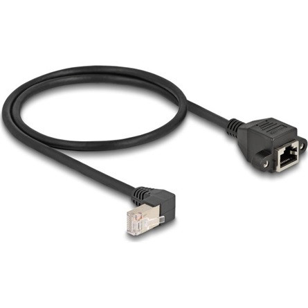 Delock RJ45 CAT6A S/FTP -> RJ45 CAT6A S/FTP M/F adatkábel 0.5m fekete 90°/beépíthetó egyenes