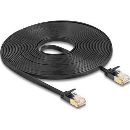 Delock RJ45 hálózati kábel Cat.6A apa - apa robosztus csatlakozóval és Cat.7 nyers lapos kábellel U/FTP 7,5 m, fekete