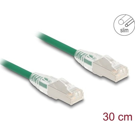 Delock RJ45 hálózati kábel Cable Cat.6A apa   apa hajlított csatlakozóval U/FTP Slim 0,3 m, zöld