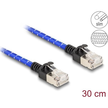 Delock RJ45 hálózati kábel fonott borítással Cat.6A U/FTP Slim, 0,3 m, kék