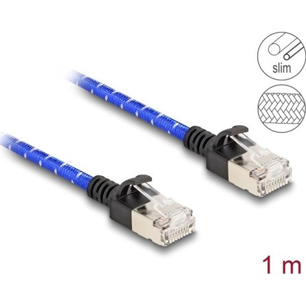 Delock RJ45 hálózati kábel fonott borítással Cat.6A U/FTP Slim, 1 m, kék