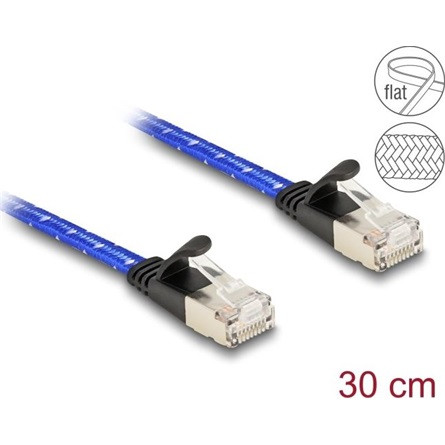 Delock RJ45 lapos hálózati kábel fonott borítással Cat.6A U/FTP 0,3 m, kék