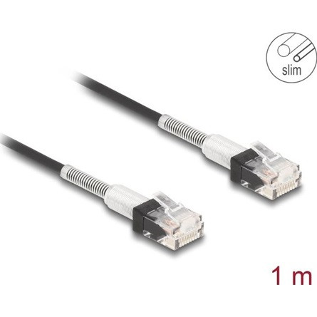 Delock RJ45 hálózati kábel dupla hajlítás védelemmel Cat.6A UTP Slim 1 m, fekete