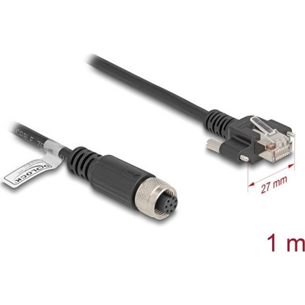 Delock M12 kábel A-kódú 8 tűs anya - RJ45 apa csavarokkal Cat.5e FTP 1 m hosszú fekete