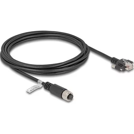 Delock M12 kábel A-kódú 8 tűs anya - RJ45 apa csavarokkal Cat.5e FTP 3 m hosszú fekete