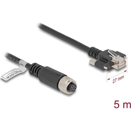 Delock M12 kábel A-kódú 8 tűs anya - RJ45 apa csavarokkal Cat.5e FTP 5 m hosszú fekete