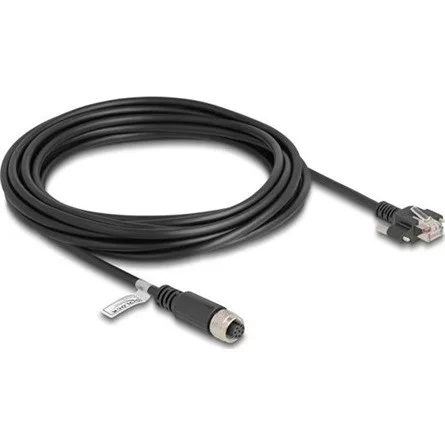 Delock M12 kábel A-kódú 8 tűs anya - RJ45 apa csavarokkal Cat.5e FTP 5 m hosszú fekete