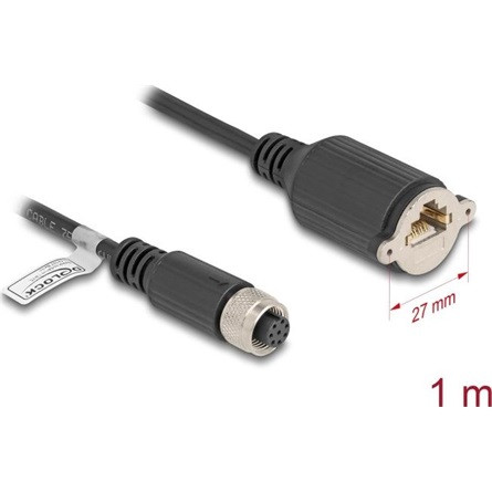 Delock M12 kábel A-kódú 8 tűs anya - RJ45 anya Cat.5e FTP installálásához 1 m, fekete