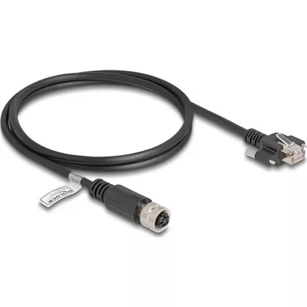 Delock M12 kábel D-kódú 4 tűs anya - RJ45 apa csavarokkal Cat.5e FTP 1 m hosszú fekete