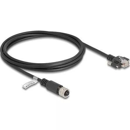 Delock M12 kábel D-kódú 4 tűs anya - RJ45 apa csavarokkal Cat.5e FTP 2 m hosszú fekete