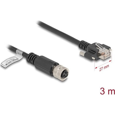 Delock M12 kábel D-kódú 4 tűs anya - RJ45 apa csavarokkal Cat.5e FTP 3 m hosszú fekete