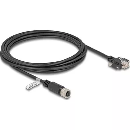Delock M12 kábel D-kódú 4 tűs anya - RJ45 apa csavarokkal Cat.5e FTP 3 m hosszú fekete