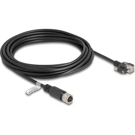 Delock M12 kábel D-kódú 4 tűs anya - RJ45 apa csavarokkal Cat.5e FTP 5 m hosszú fekete