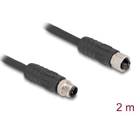 Delock M12 kábel L-kódolt 4 tűs apa - anya PUR húzóláncokhoz alkalmas 2 m fekete