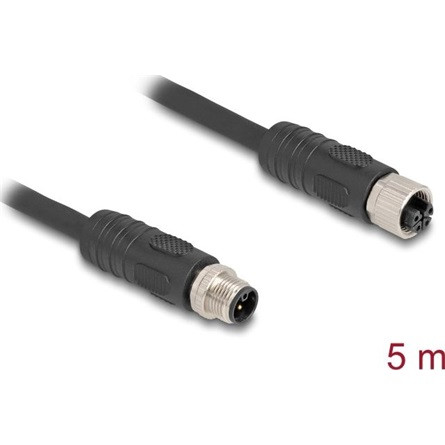 Delock M12 kábel L-kódolt 4 tűs apa - anya PUR húzóláncokhoz alkalmas 5 m fekete