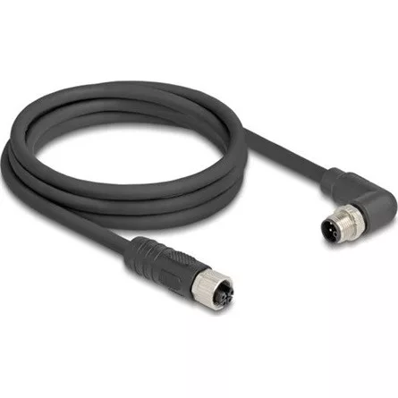 Delock M12 kábel L-kódolt 4 tűs jobbra hajlított apa   egyenes anya PUR húzóláncokhoz alkalmas 2 m fekete