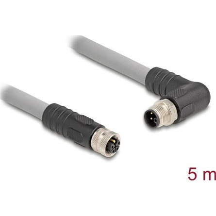 Delock M12 kábel L-kódolt 5 tűs jobbra hajlított apa   egyenes anya PUR húzóláncokhoz alkalmas 5 m szürke