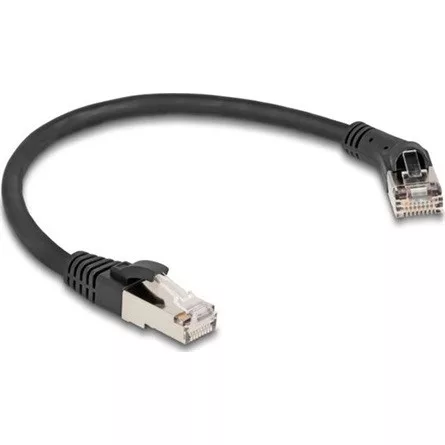 Delock RJ45 hálózati kábel Cat.8.1 S/FTP 45 -ben jobbra hajlított apa   egyenes apa, akár 40 Gbps, 0,25 m, fekete