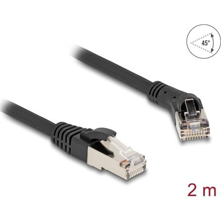 Delock RJ45 hálózati kábel Cat.8.1 S/FTP 45 -ben jobbra hajlított apa   egyenes apa, akár 40 Gbps, 2 m, fekete