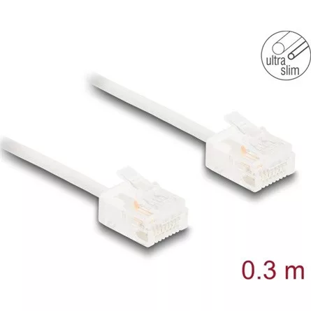Delock RJ45 hálózati kábel Cat.6 UTP ultravékony 0,3 m fehér rövid csatlakoztatókkal