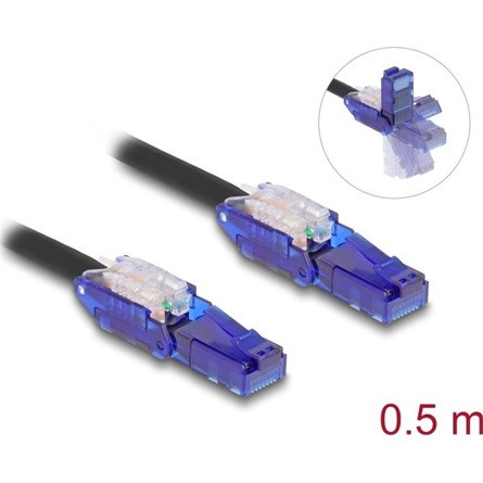Delock RJ45 hálózati kábel Cat.6 UTP 180 -os hajlítással apák fekete színű 0,5 m