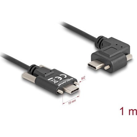 Delock USB-C -> USB-C M/M adatkábel 1m fekete rögzítő csavarokkal, egyenes/90°