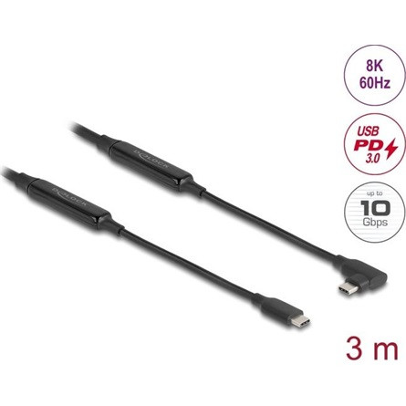 Delock Aktív USB 10 Gbps kábel USB Type-C  apa- balra / jobbra hajlított apa 3 m 8K PD 60 W E-Markerrel