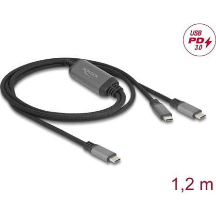 Delock USB-C  Y-kábel 1 x apa - 2 x apa PD 3.0 100 W intelligens tápelosztás 1,2 m