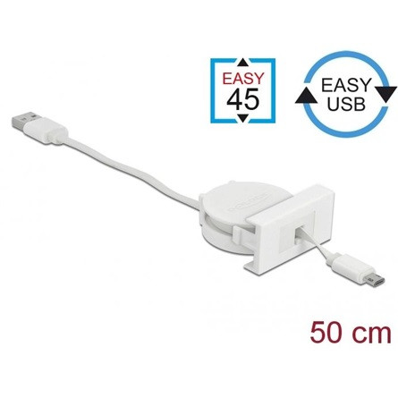 Delock USB-A 2.0 -> USB-B 2.0 micro M/M Easy 45 modul 0.5m fehér visszahúzható