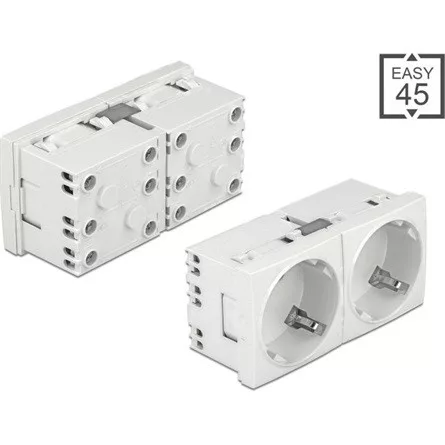 Delock 45 x 45 mm méretű, 2 modulos, bővíthető, 45  elrendezésű Easy 45 földelt hálózati csatlakozóaljzat