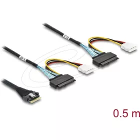   Delock PCIe 4.0 kábel Slim SAS SFF-8654 8i   2 x U.2 SFF-8639 hüvely + tápcsatlakozó, 0,5 m