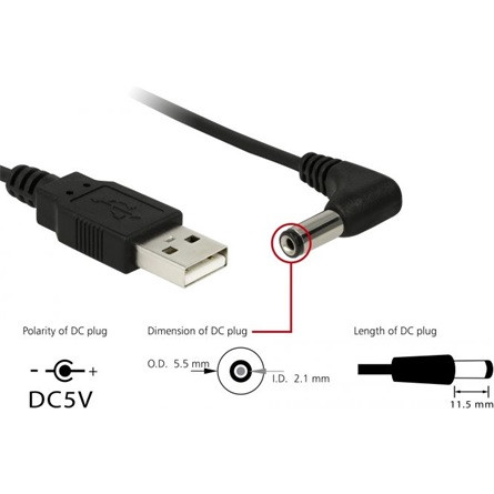 Delock KAB Delock 83578 UDC 5.5x2.1mm apa 90° elforgatott USB tápkábel - 1,5m