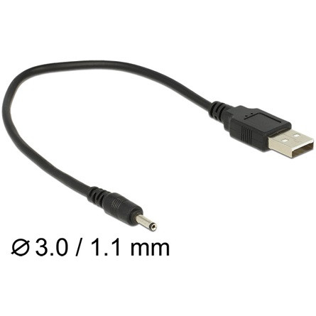 Delock USB-A 2.0 -> DC 3 x 1.1mm M/M tápkábel 0.27m fekete