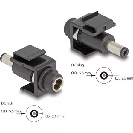 Delock Keystone modul, DC 5,5 x 2,1 mm-csatlakozóhüvely, DC 5,5 x 2,5 mm méretű apa, fekete
