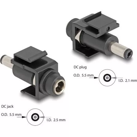 Delock Keystone modul, DC 5,5 x 2,5 mm-csatlakozóhüvely, DC 5,5 x 2,1 mm méretű apa, fekete