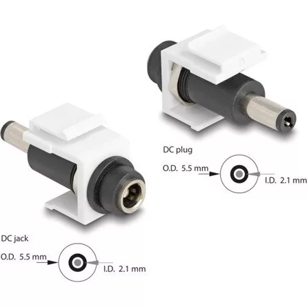 Delock Keystone modul, DC 5,5 x 2,1 mm-csatlakozóhüvely, DC 5,5 x 2,1 mm méretű apa, fehér