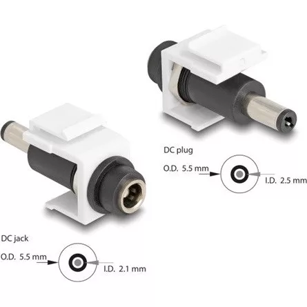 Delock Keystone modul, DC 5,5 x 2,1 mm-csatlakozóhüvely, DC 5,5 x 2,5 mm méretű apa, fehér