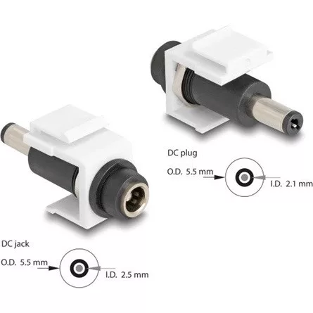 Delock Keystone modul, DC 5,5 x 2,5 mm-csatlakozóhüvely, DC 5,5 x 2,1 mm méretű apa, fehér