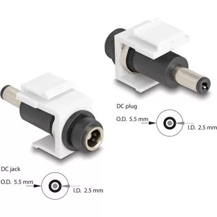 Delock Keystone modul, DC 5,5 x 2,5 mm-csatlakozóhüvely, DC 5,5 x 2,5 mm méretű apa, fehér