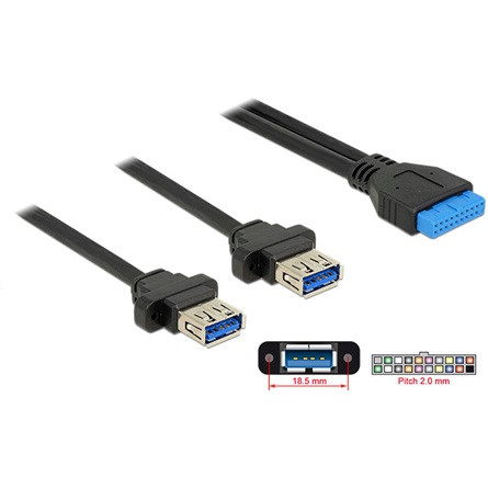 Delock ADA Delock 85244 USB 3.0 csatlakozóhüvely 2 mm 19 tus> 2X USB 3.0 A csatlakozó