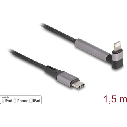 Delock USB-C 3.1 Gen1 -> Lightning M/M adatkábel 1.5m fekete-szürke egyenes/90°