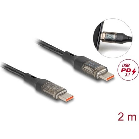 Delock USB-C -> USB-C M/M töltőkábel 2m fekete töltés kijelzővel