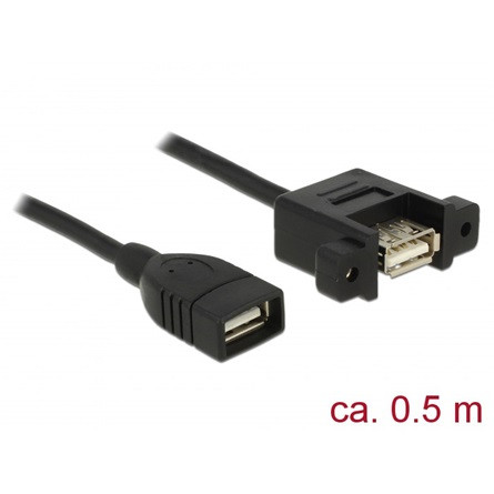 Delock USB-A 2.0 - USB-A 2.0 M/F adatkábel 0.5m fekete panel mount