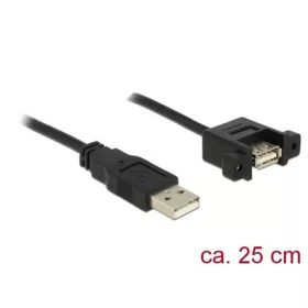   Delock USB-A 2.0 - USB-A 2.0 M/F adatkábel 0.25m fekete panel mount