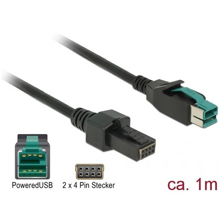Delock PoweredUSB kábel apa 12 V > 2 x 4 tűs apa, 1 m, POS nyomtatókhoz és csatlakozókhoz